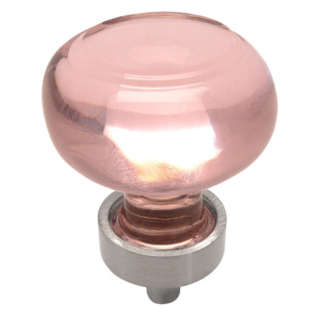 Satin Nickel Pink Glass Cabinet Knob